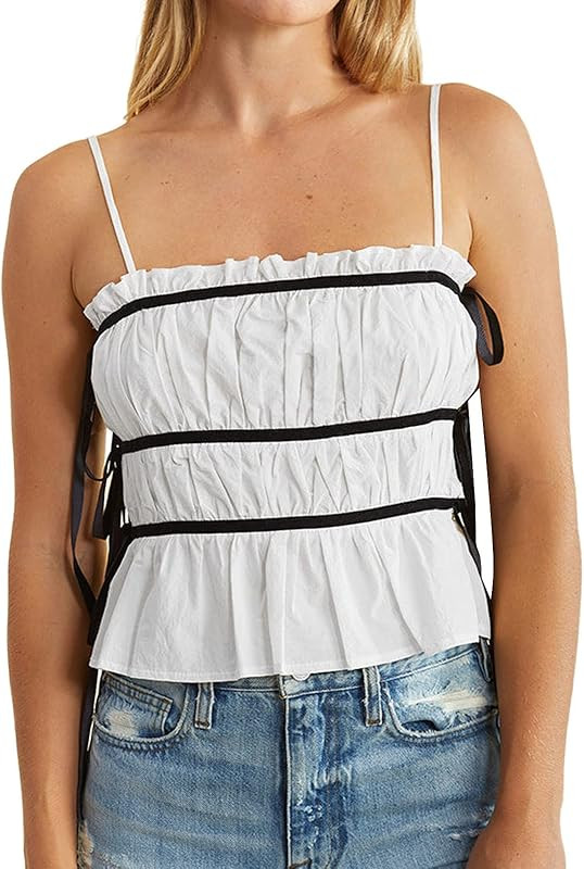 Uogjees Women Y2K Sleeveless Shirred Cami Top Spaghetti Strap Backless Frill Smocked Drawstring C... | Amazon (US)