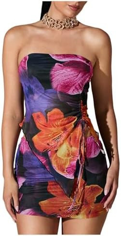 WDIRARA Women's 2 Piece Outfits Floral Print Drawstring Asymmetrical Tube Top and Bodycon Mini Sk... | Amazon (US)