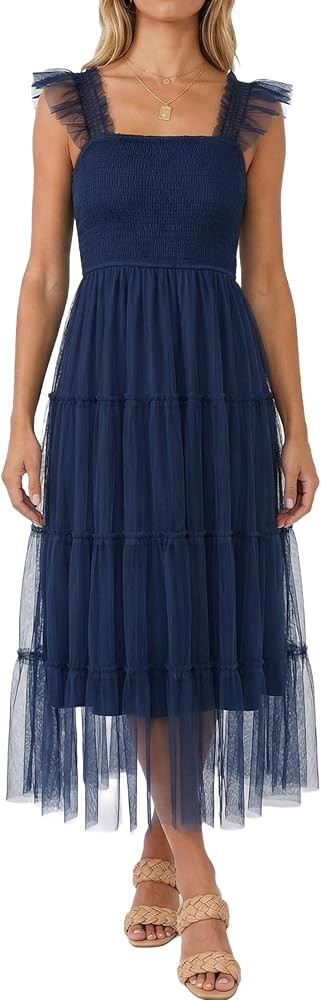 Naggoo Women's Summer Tulle Wedding Guest Dress Smocked Square Neck Ruffle Flowy Mesh Midi Dresse... | Amazon (US)