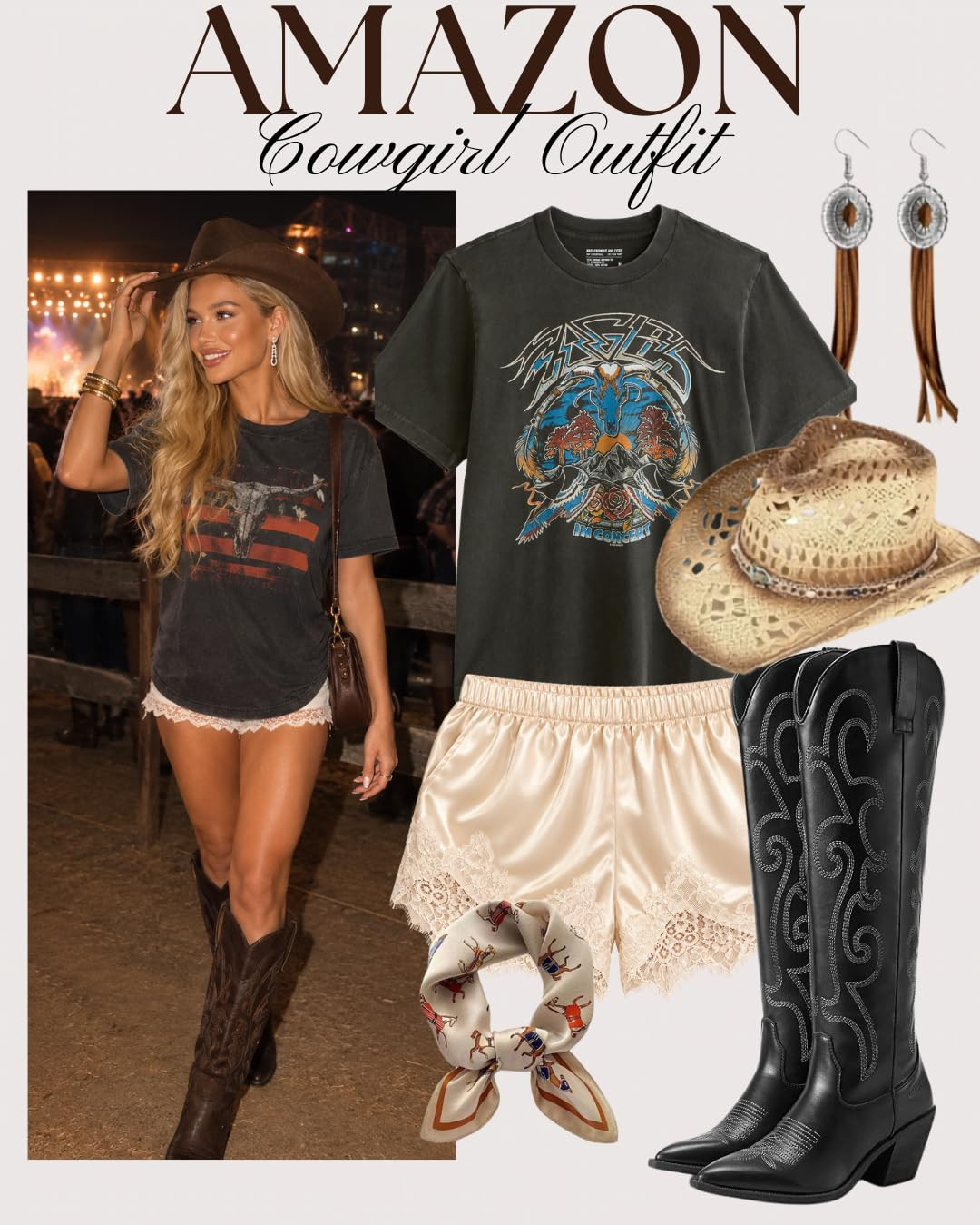 Amazon Cowgirl Outfit | Country Concert Outfit Inspo 🤠🤎
The cutest western-inspired outfit for your next country concert! I love pairing a vintage-style graphic tee with feminine lace-trim shorts, cowboy boots and a classic western hat. Add fringe earrings and a cute scarf for the perfect finishing touches. This effortless cowgirl look is perfect for Nashville trips, rodeos, country music festivals or a fun girls' night out. Save this Amazon outfit idea! ✨
#affiliate #AmazonFashion #AmazonFinds #CowgirlOutfit #CountryConcertOutfit #CountryConcert #WesternFashion #WesternOutfit #CowgirlStyle #CowboyBoots #WesternBoots #CowboyHat #GraphicTee #LaceShorts #NashvilleOutfit #NashvilleStyle #RodeoOutfit #ConcertOutfit #FestivalFashion #CountryGirlStyle #WesternWear #AmazonOutfit #FashionOver40 #Over40Style #OutfitInspo 

 