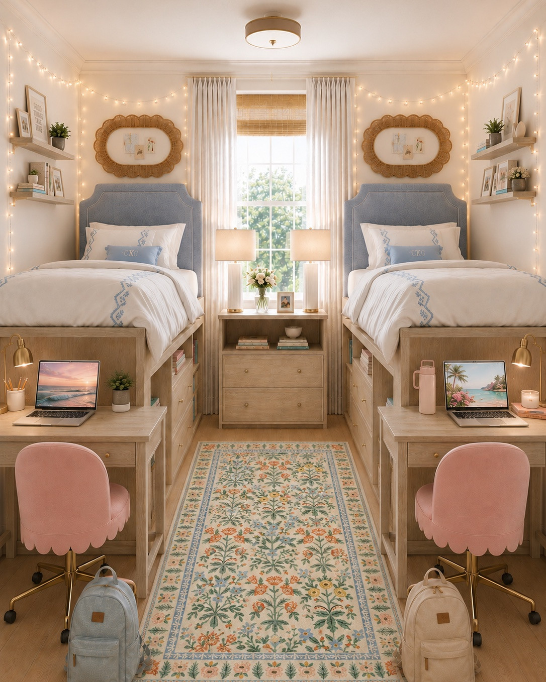 Soft blues, warm wood tones, floral details, and the sweetest touch of pink 🌸✨

This feminine dorm room design proves that small spaces can still feel elevated, organized, and full of personality. From the upholstered twin beds and built-in storage to the floral area rug, scalloped desk chairs, and cozy twinkle lights, every detail was chosen to create a space that feels both functional and beautiful.

Perfect for:
✔️ College dorm room ideas
✔️ Girls dorm room inspiration
✔️ Dorm room decor
✔️ Dorm room organization
✔️ Twin XL bedding inspiration
✔️ Preppy dorm room style
✔️ Coastal dorm decor
✔️ Grandmillennial dorm design
✔️ Feminine bedroom ideas
✔️ College apartment decor
✔️ Small space living
✔️ Dorm desk setup
✔️ Dorm storage solutions
✔️ Back to school inspiration
✔️ Move-in day ideas

A cozy place to study, relax, and make memories for the year ahead. 🤍

#DormRoom #DormRoomIdeas #CollegeDorm #GirlsDormRoom #DormDecor #DormDesign #CollegeLife #DormInspiration #DormEssentials #TwinXLBedding #PreppyStyle #GrandmillennialStyle #CoastalDecor #DormOrganization #CollegeApartment #StudentLiving #BackToSchool #MoveInDay #DormMakeover #RoomInspo #InteriorDesign #LTKHome #DormShopping #StudySpace #FeminineDecor #TraditionalStyle #CollegeBound #HomeDecorInspo #DormStyling #CollegeRoomGoals

#LTKHome #LTKKids #LTKU