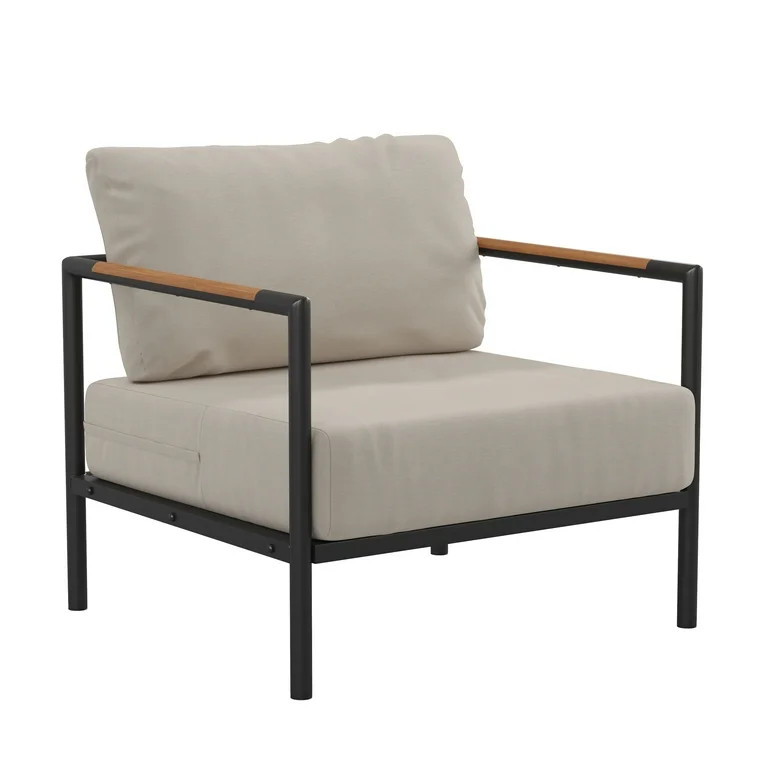 Eastport Outdoor Accent Chair with Removable Beige Fabric Cushions and Black Teak Accented Alumin... | Walmart (US)