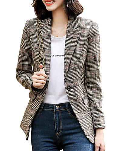 ebossy Women's Notch Lapel 2 Button Boyfriend Blazer Suit Houndstooth Plaid Jacket Coat | Amazon (US)