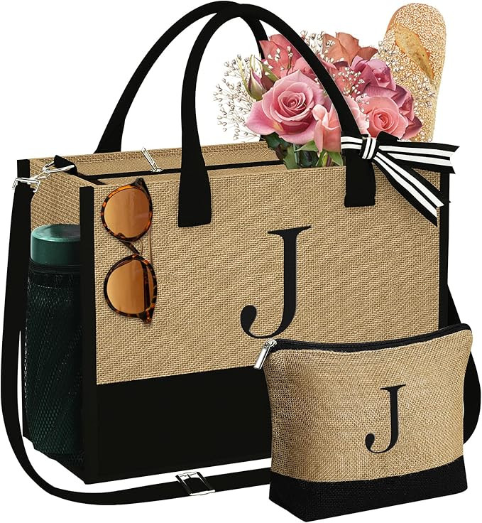 Mothers Day Gifts for Women - Initial Jute Tote Bag & Makeup Bag, Birthday Gifts for Women Mom Wi... | Amazon (US)