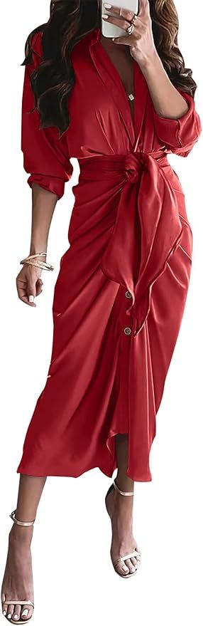 BTFBM Women's Long Sleeve Lapel V Neck Button Down Satin Dresses Elegant Ruched Casual Fall Maxi ... | Amazon (US)