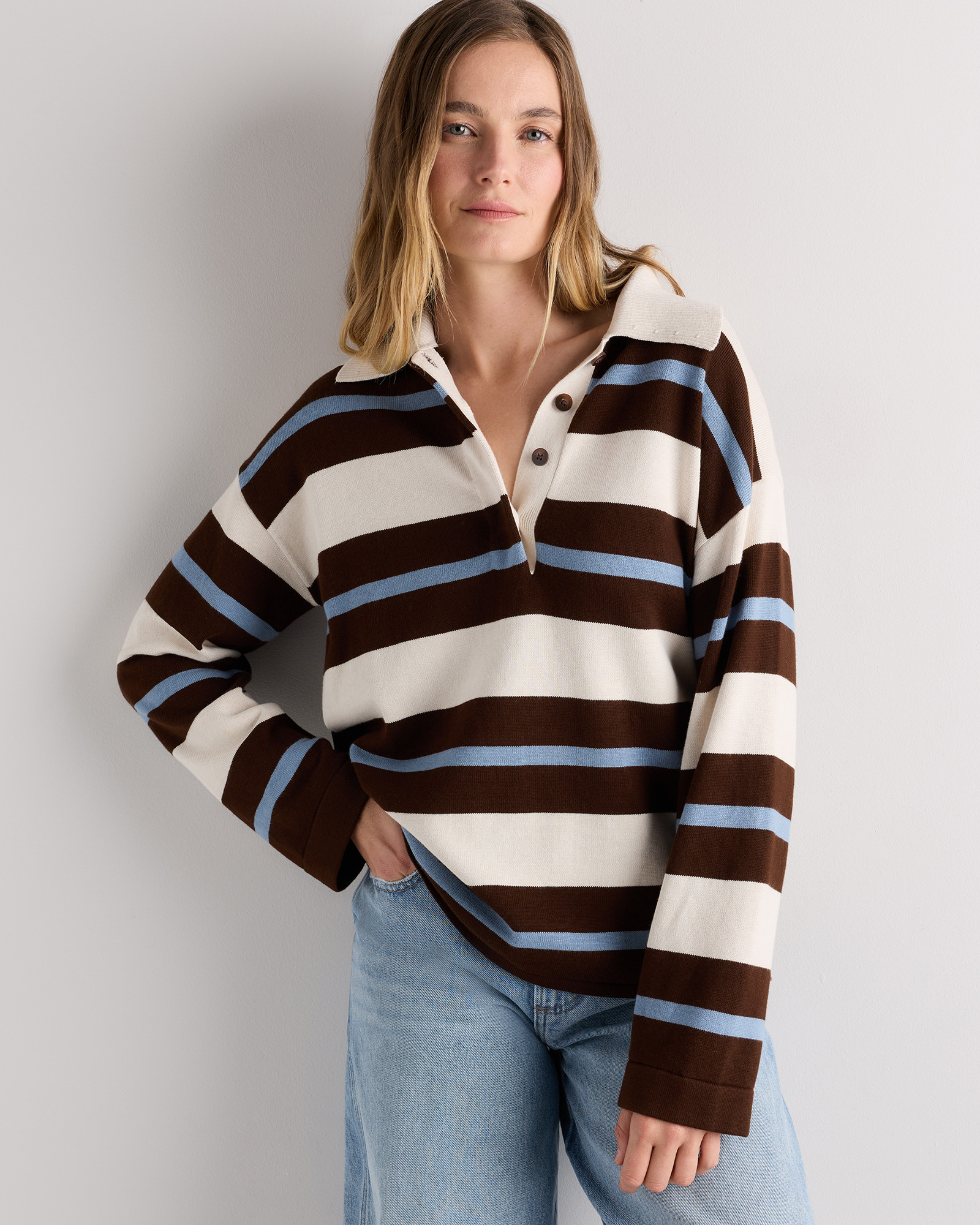 Quince | Women's Cotton Cashmere Rugby Polo Sweater in Bone / Brown / Mountain Spring Blue Variegated Stripe, Size Small | Quince