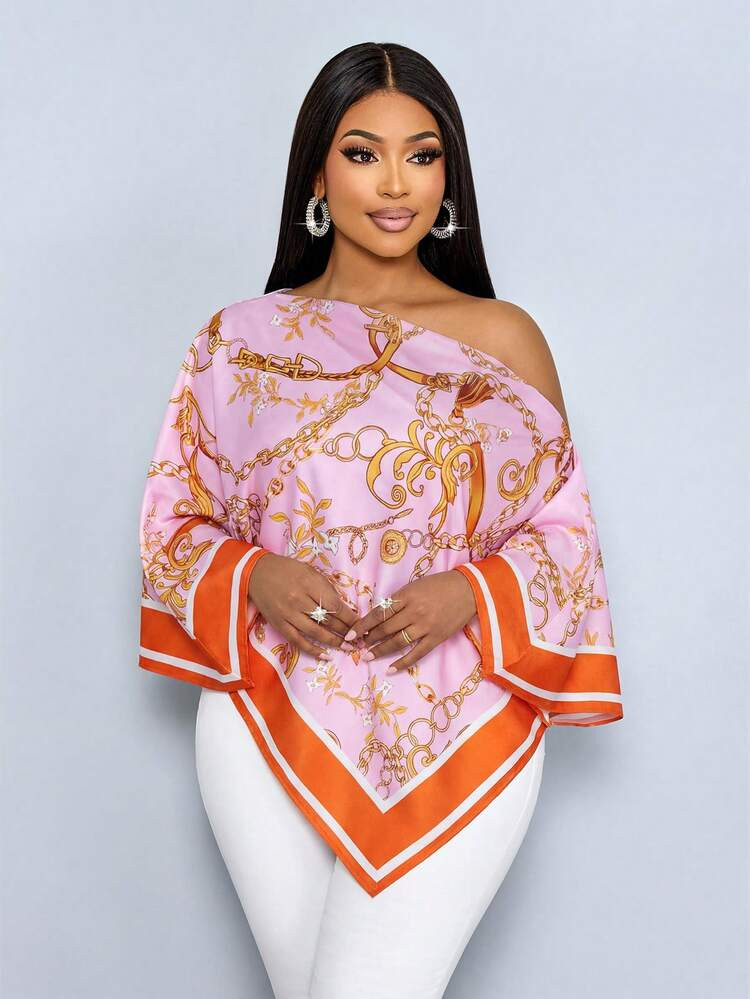 SOLERSUN Plus Size Women's Spring And Summer Fashionable, Elegant, Casual And Sexy Vacation Shirt With Half Sleeves, Raglan Sleeves, Slanted Shoulder, Off Shoulder, Asymmetrical Shoulder Hem, Irregular Square Scarf Hem, Woven Pink, Orange, Yellow Chain, Retro Vintage Money Positioning Print, Suitable For Daily Dressing, Shopping, Dating, Music Festivals, Island Vacation, Old Money Vacation,Holiday,Resort Scarf Top Curve Blouses Plus Size Women Clothes Blouse Church Tops For Women | SHEIN