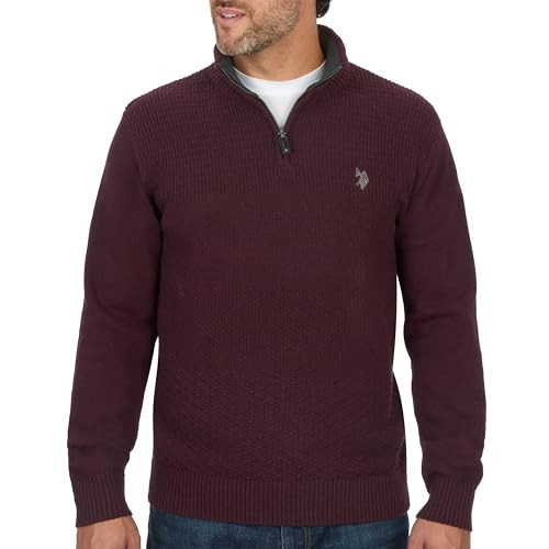 U.S. Polo Assn. Men's Cable Knit Quarter Zip Textured Ribbed and Collared Pullover Sweater - Classic Solid Color | Amazon (US)