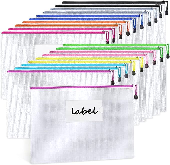 Sooez 20 Pack Mesh Zipper Pouch Document Bag with Label Pocket, Plastic Zip File Document Folders... | Amazon (US)
