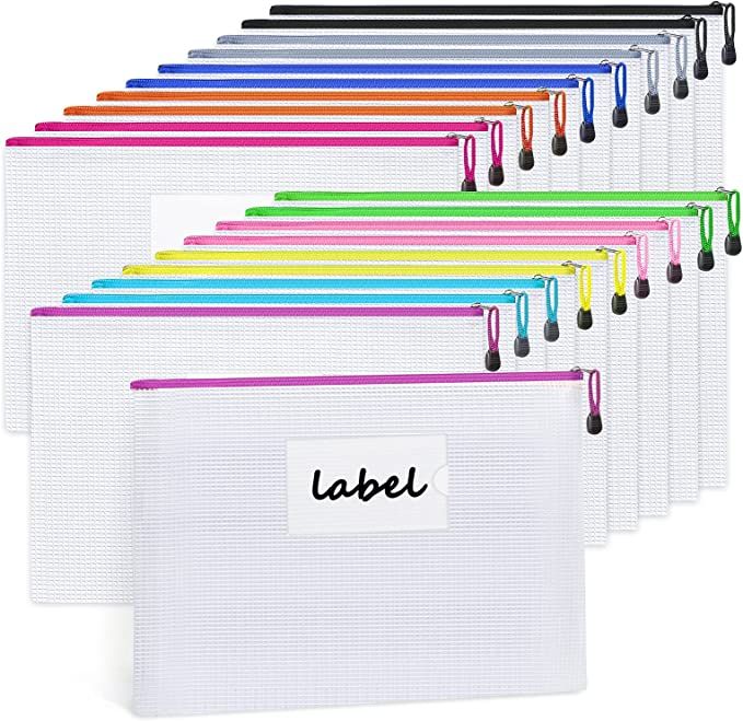 Sooez 20 Pack Mesh Zipper Pouch Document Bag with Label Pocket, Plastic Zip File Document Folders... | Amazon (US)