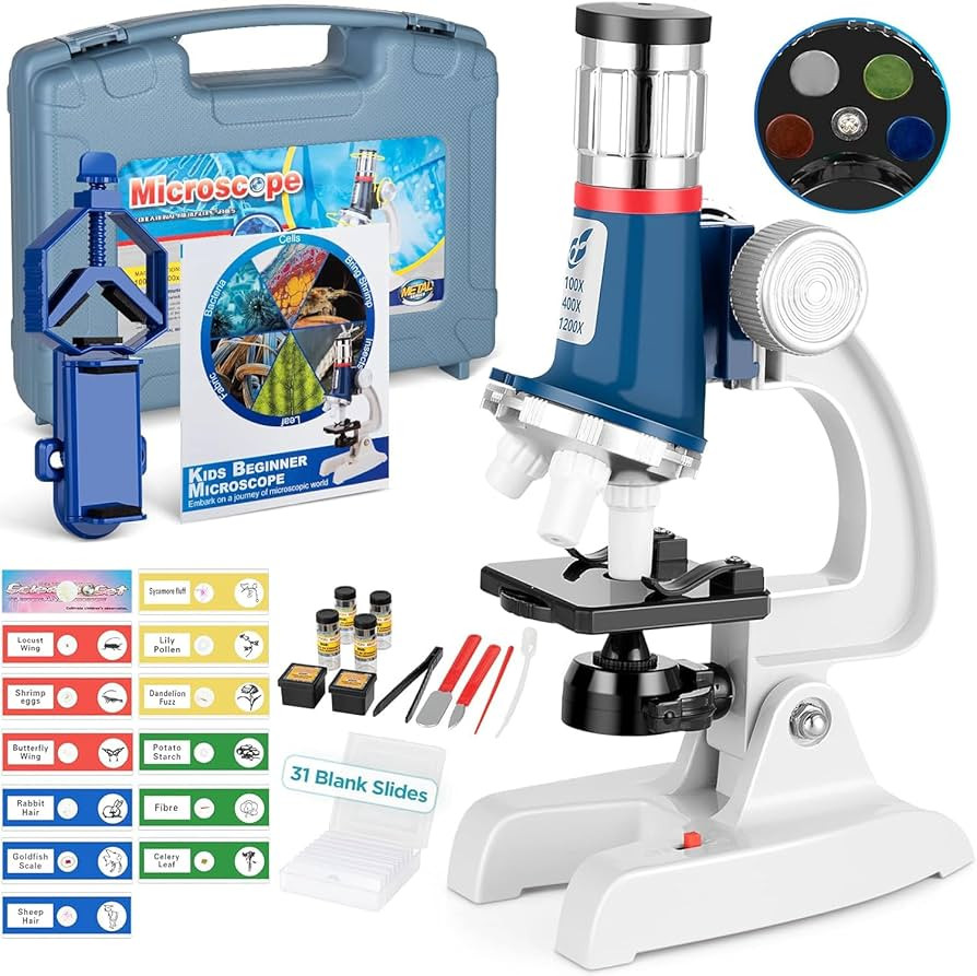 58-Piece Kids Microscope Kit - 100X-1200X Magnification, Metal Body, LED Light, Carrying Box - Sc... | Amazon (US)