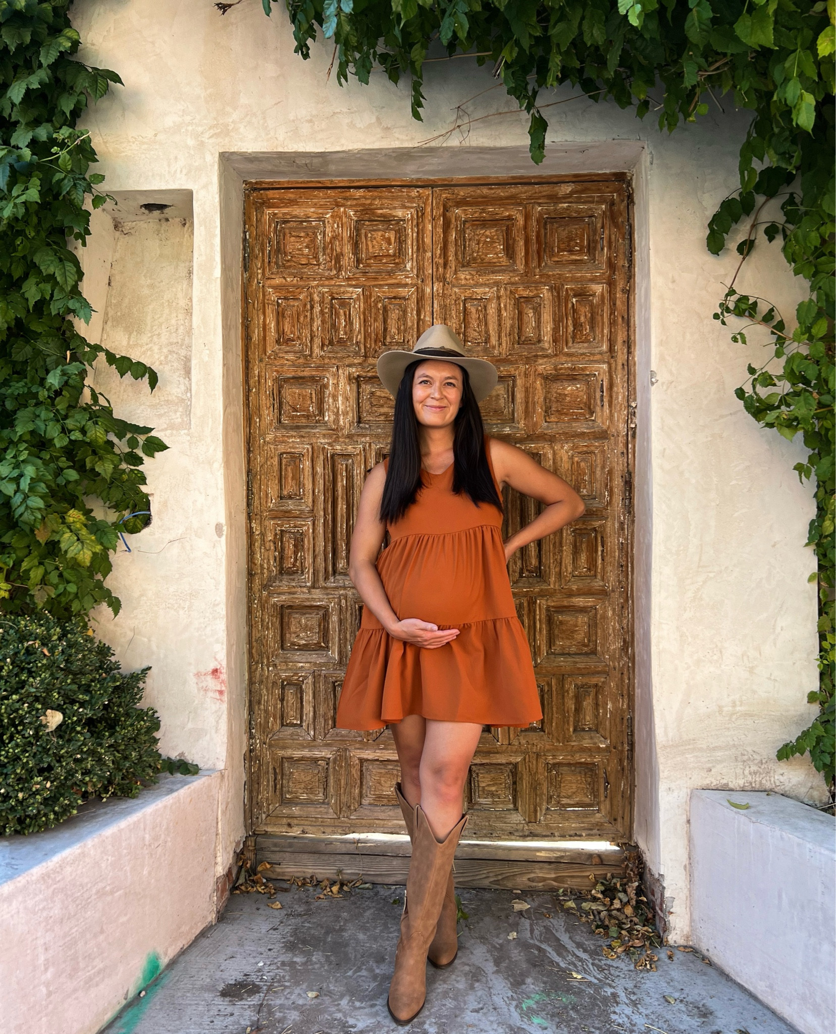 Non maternity fall outfit. Amazon fall dress. Burnt Orange fall dress. Amazon fashion. Amazon dress. Fall outfit idea. Fall styles. Bump friendly outfit. Bump style series. Bump friendly dress. Wearing my pre pregnancy size small. 
Outfits with a hat, outfits with tall boots. 

#LTKSeasonal #LTKBump #LTKStyleTip