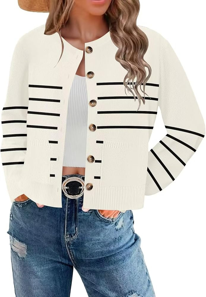 ETCYY Womens 2024 Lightweight Knit Cardigan Sweaters Fall Long Sleeve Crewneck Open Front Button ... | Amazon (US)