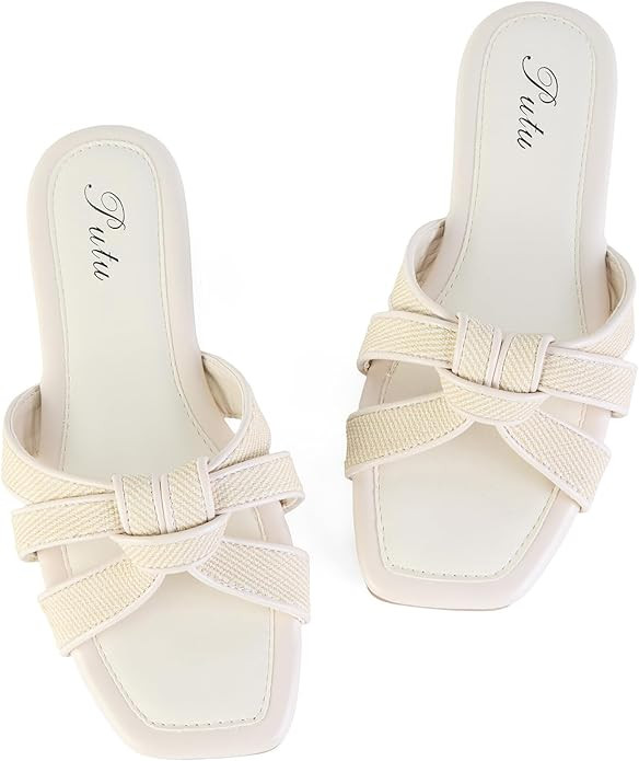 Putu Women's Flat Sandals Square Toe Slide Sandals Braided Sandals for Vacation | Amazon (US)