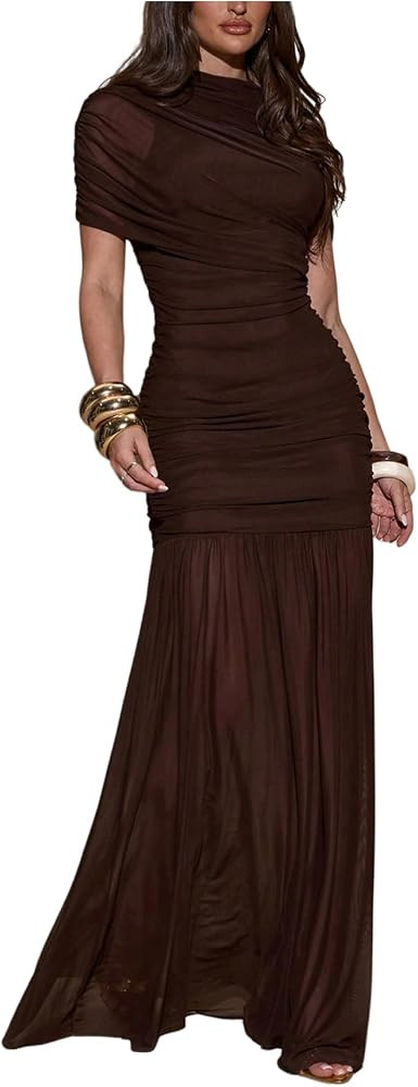 Milumia Women's Elegant Ruched Bodycon Mesh Maxi Dress Mock Neck Short Slee | Amazon (US)