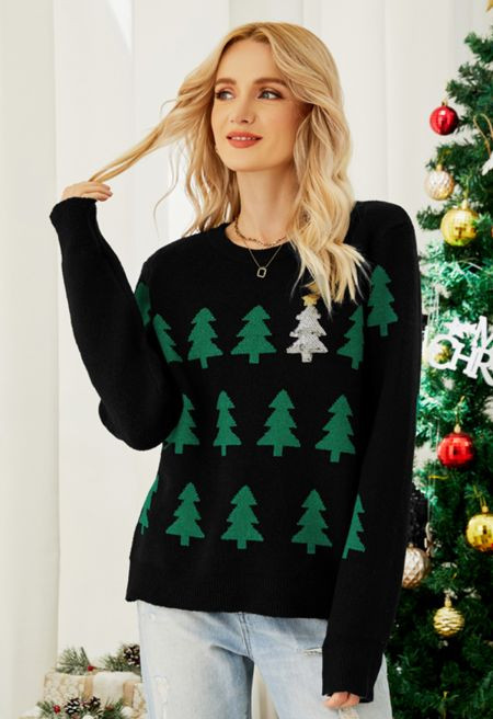 Sequined Christmas Tree Knit Sweater in Black | Chicwish