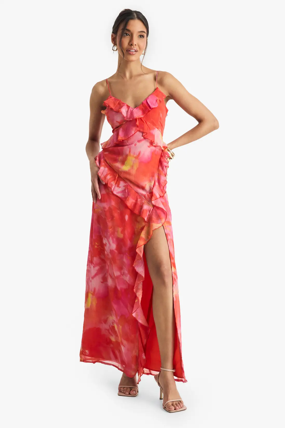 Pink Floral Crinkle Chiffon Ruffle Maxi Dress | Boohoo | Boohoo.com (UK & IE)