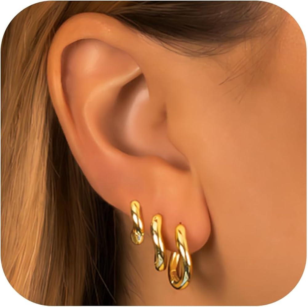 Small Chunky Hoops Huggie Earrings Set for Women, 14K Gold Plated Huggie Earrings Lightweight Hyp... | Amazon (US)