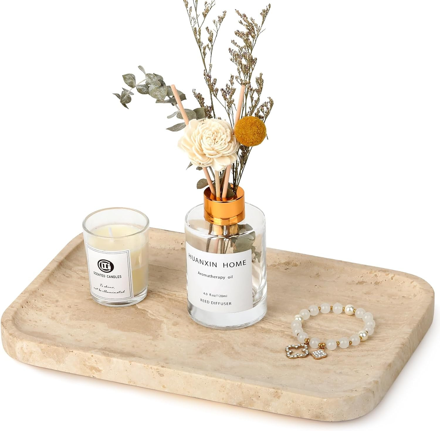 Natural Travertine Vanity Tray - Decorative Stone Marble Tray for Bathroom Countertop, Elegant Organizer for Home Decor, Jewelry, Candle, Makeup, Kitchen and Dresser Decor | Amazon (US)