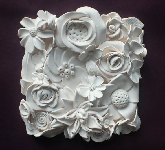 Flowers Wall Sculpture  White Clay Floral Clay Tile Modern | Etsy | Etsy (US)