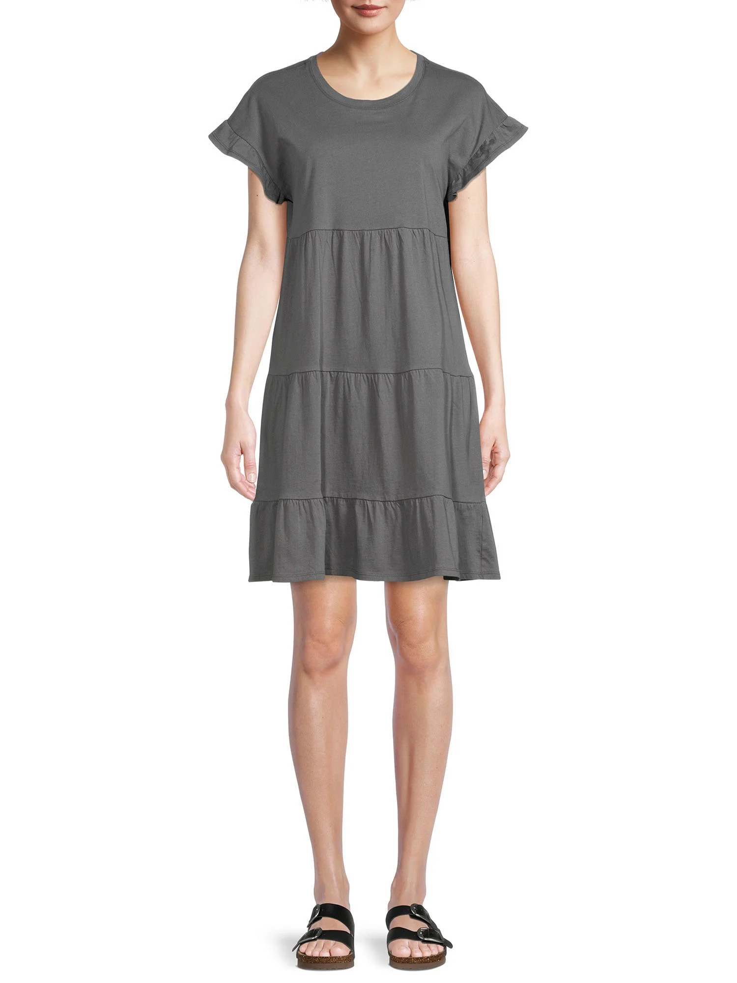Time and Tru Women's Flutter Sleeve Tiered Dress - Walmart.com | Walmart (US)