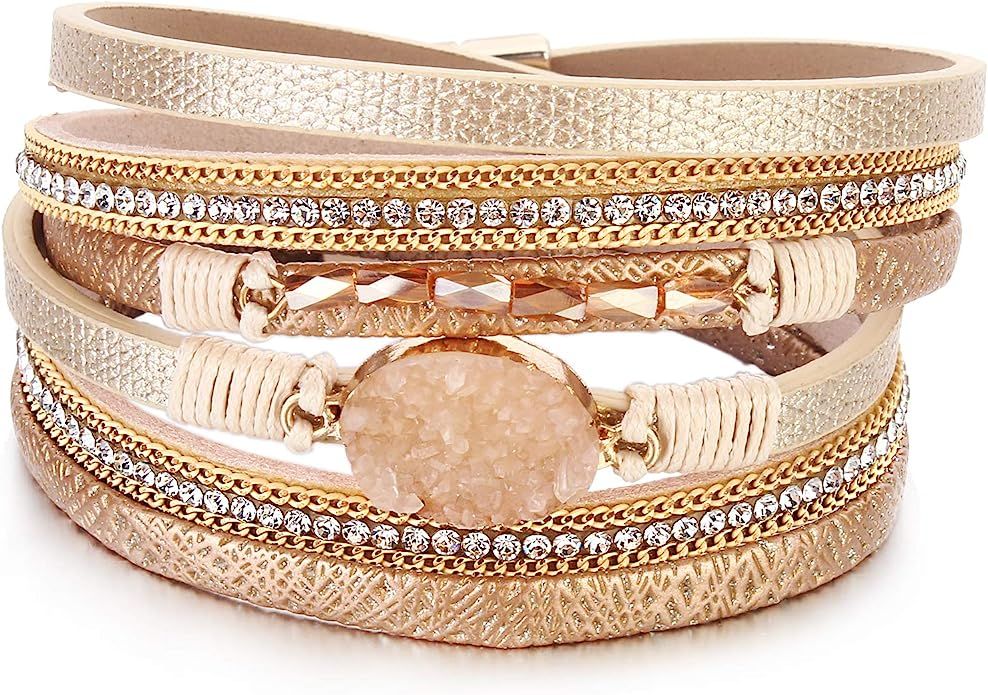FANCY SHINY Leather Wrap Bracelet Boho Cuff Bracelets Crystal Bead Bracelet with Clasp Jewelry Gi... | Amazon (US)