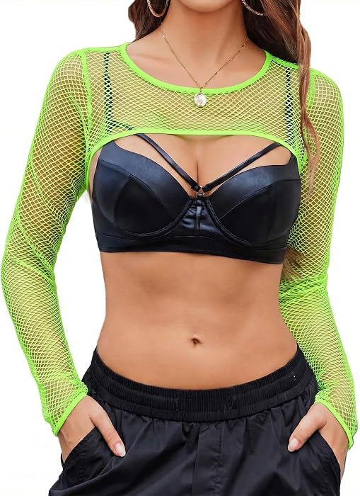 Avidlove Women Fishnet Long Sleeve Crop Top See Through Shirt Sheer Blouse Sexy Outfits | Amazon (US)
