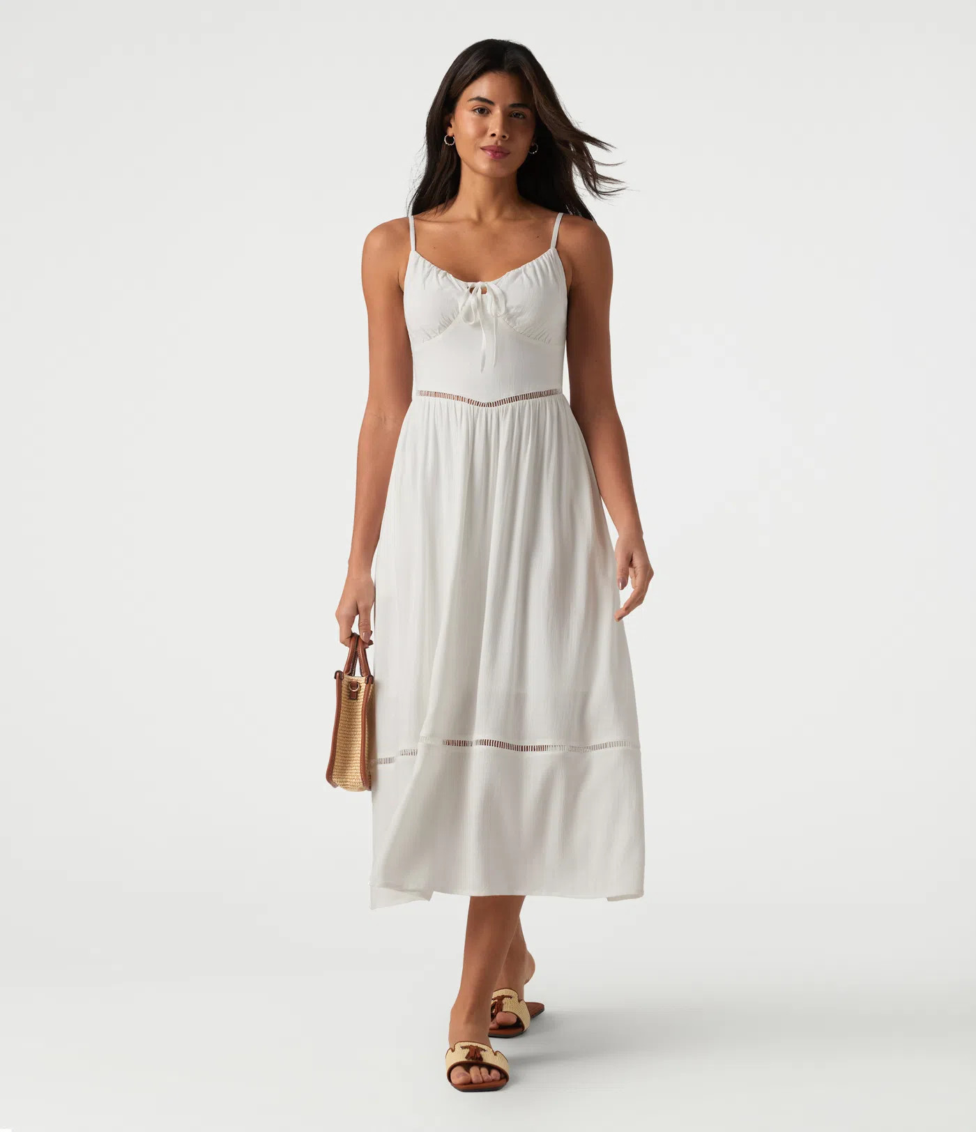 Tie Front Cut Out Midi Linen-Feel Slip Dress with Pockets | HALARA
