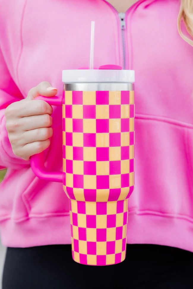 Sippin' Pretty Pink and Orange Checkered 40 oz Drink Tumbler With Lid And Straw | Pink Lily