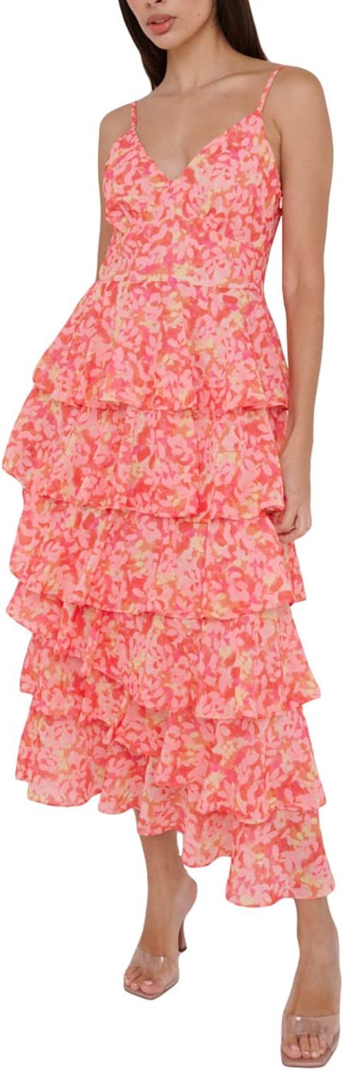 Women Halter Floral Long Dress V-Neck Tiered Ruffles Sleeveless Cami Dress Summer Elastic Waist S... | Amazon (US)