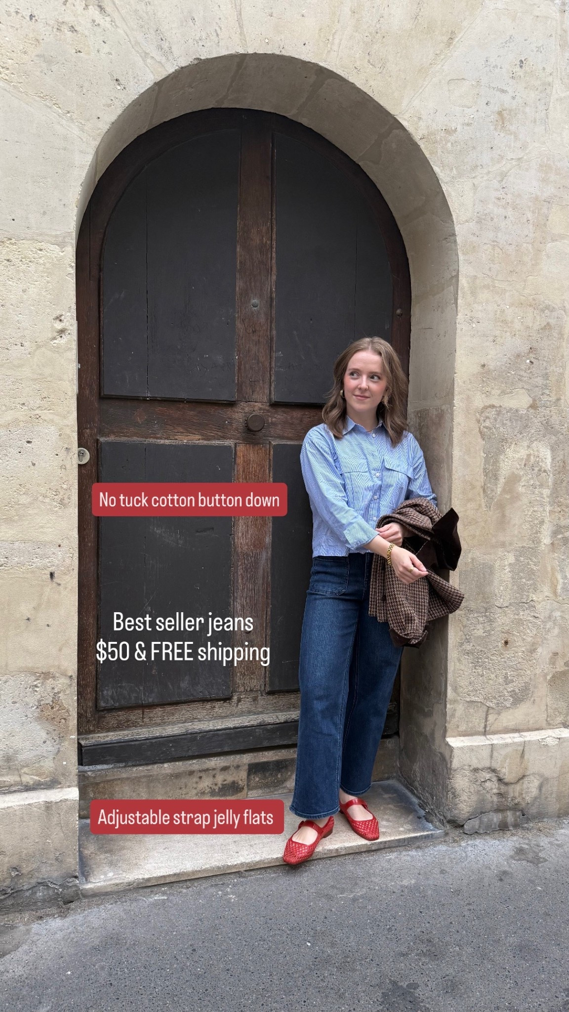 Paris timeless ootd 
Cotton button down short enough to not tuck
Patch pocket jeans $50 + free shipping
Jelly Mary Jane’s 10k step tested size up 1/2 


#LTKSaleAlert #LTKPetite #LTKFindsUnder50