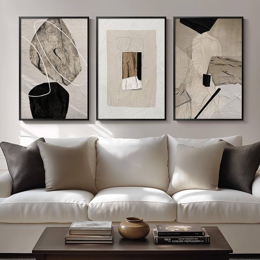 Large Framed Abstract Neutral Wall Art for Living Room, 3 Piece Beige and Black Canvas Artwork Co... | Amazon (US)
