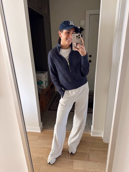 Today’s casual Saturday outfit 🤍
Half zip pullover: true to size (S) lighter weight and great for spring / chilly summer nights. I also plan to wear golfing! 
Tee: true to size (S)
Pants: sized up to an 8
Sneakers: tts 

Electric Picks code TAYLOR20 

Athleisure / sahm outfit / mom outfits / casual comfy fashion / Varley 

#LTKfitness #LTKstyletip #LTKshoecrush