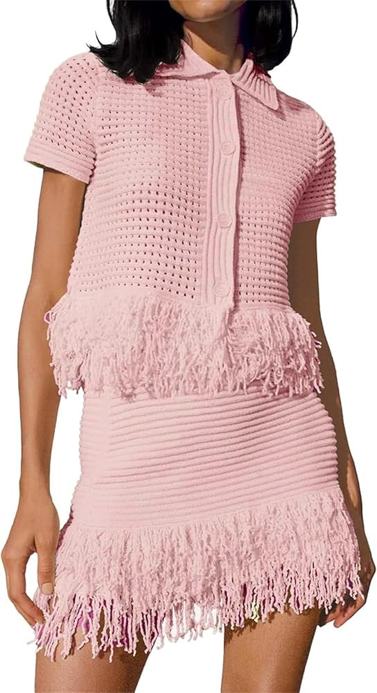 Womens 2 Piece Crochet Outfits Short Sleeve Button Knit Sweater Tops Fringe Skirt Summer Vacation... | Amazon (US)