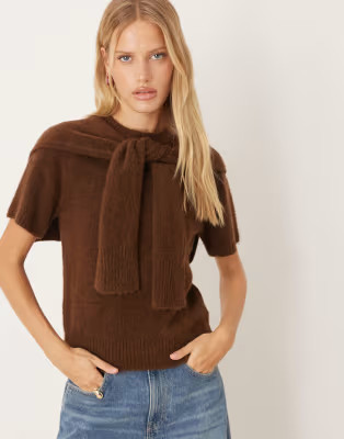 Mango knitted top with scarf detail in chocolate | ASOS | ASOS (Global)