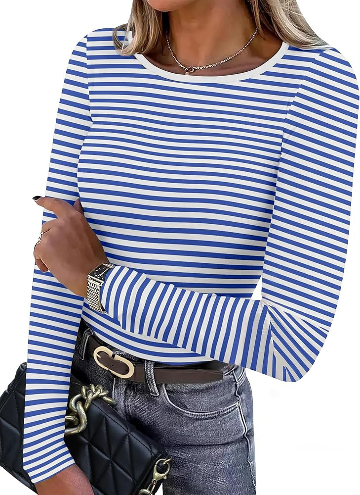 Women Long Sleeve Crewneck Rib Knit Slim Fit Shirts Basic Tee Tops 2024 Casual T-Shirt Going Out ... | Amazon (US)