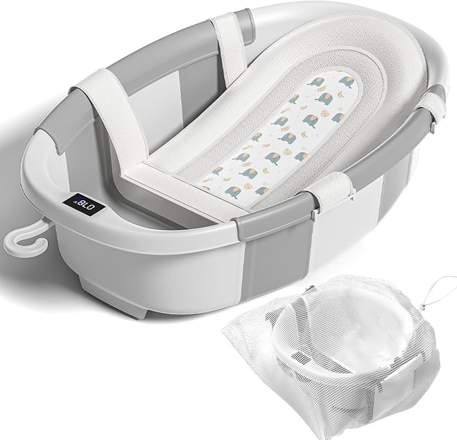 Collapsible Baby Bathtub with Soft Cushion and Thermometer, Newborn to Toddler Tub 0-36 Months wi... | Amazon (US)