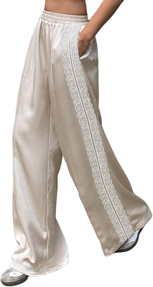 Women Satin Silk Lace Trim Pants Y2k Elastic Waist Wide Leg Pj Lounge Boxer Bottoms Trendy Causal... | Amazon (US)