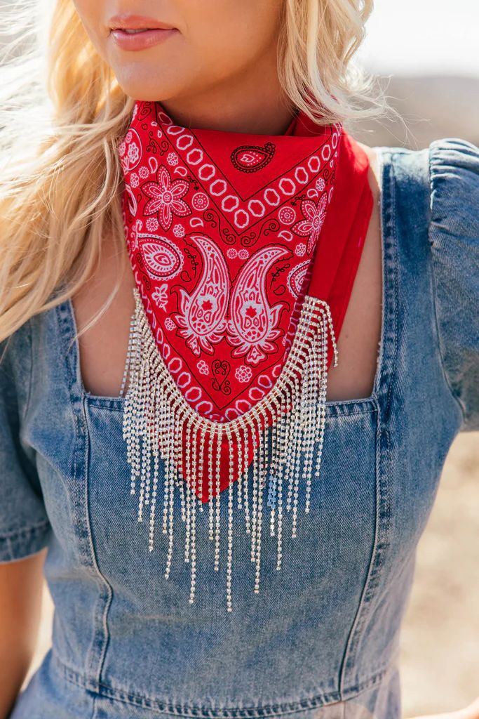 AS SEEN ON BRITT HORTON!! “GB ORIGINAL" Crystal Fringe Bandana in Red | Glitzy Bella