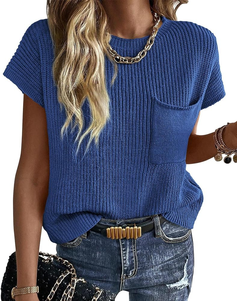 KIRUNDO Womens Spring Cap Sleeve Tops 2024 Summer Casual Crew Neck Lightweight Sweater Vest Ribbe... | Amazon (US)