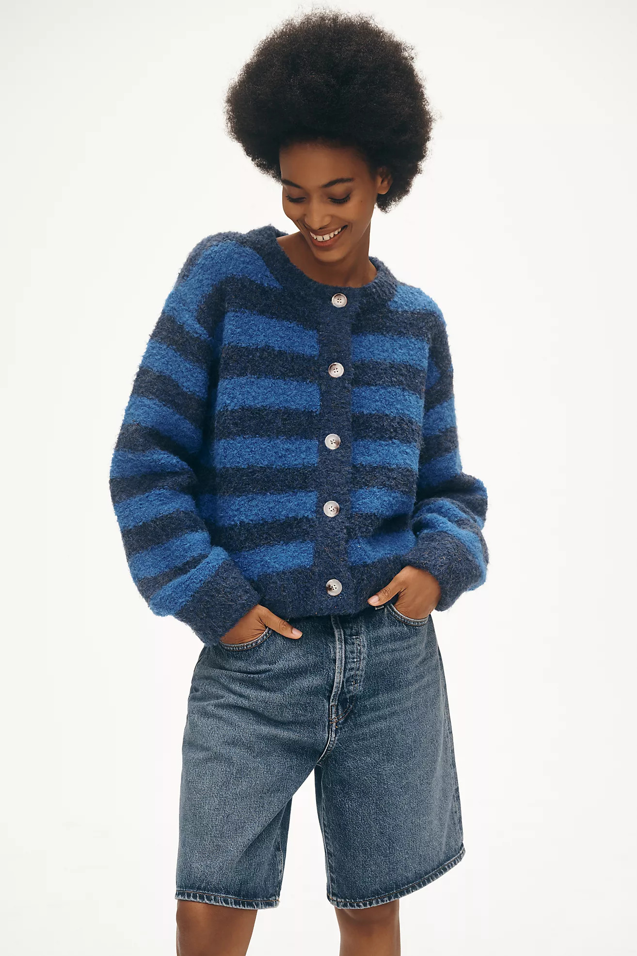 FRNCH Crew-Neck Stripe Bouclé Cardigan Sweater | Anthropologie (US)