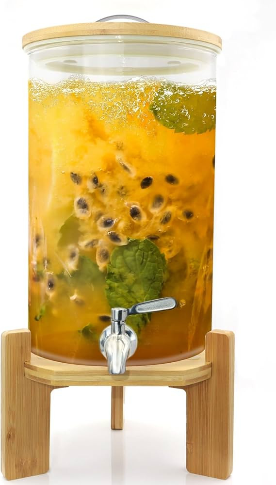 Glass Drink Dispenser with Stand,2.1 Gallons Wood Stand Cold Beverage Dispensers,Glass Beverage D... | Amazon (US)