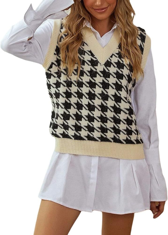 Women Oversized Houndstooth Sweater Vest Vintage Knitted V Neck Sleeveless Pullover Loose 90s Knitwe | Amazon (US)