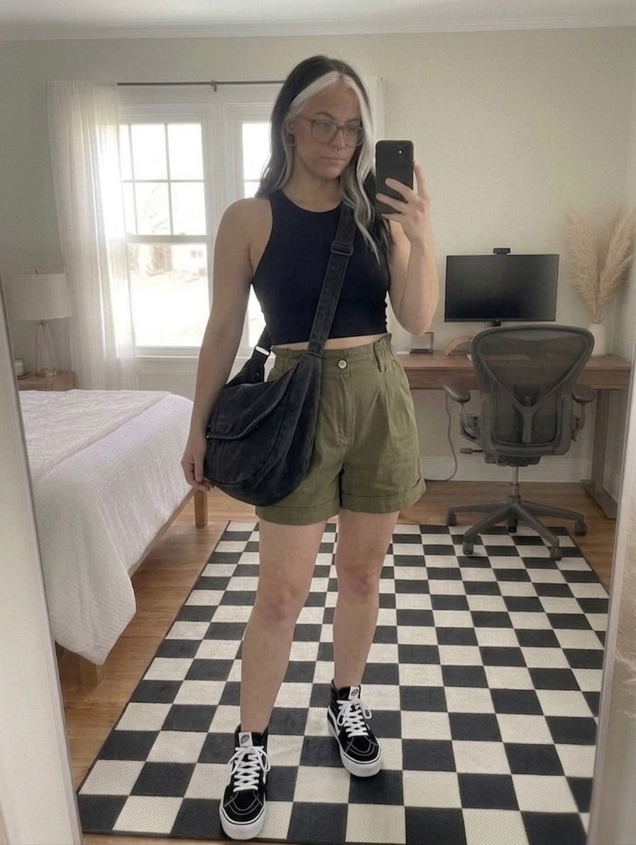 Found the perfect effortless formula for a laid-back summer day. This black high-neck cropped halter tank pairs beautifully with high-waisted olive green utility shorts for an immediate cool-girl aesthetic. I styled it with a washed black denim crossbody bag for all the essentials and classic black high-top skate shoes to keep it grounded and comfy.

#LTKgrwm #LTKSeasonal #LTKSaleAlert