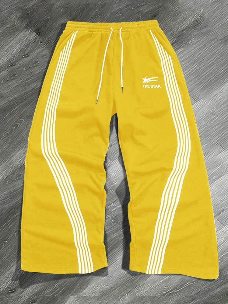 Manfinity Sporsity Men Drawstring Striped Patchwork Letter Print Casual Long Pants, For Rave, Back To School | SHEIN