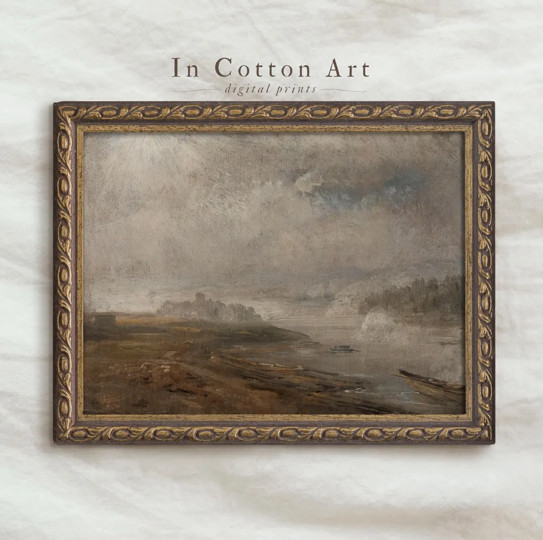 Vintage Moody Landscape Digital Print / Farmhouse Neutral Landscape Wall Art / Earthy Misty River... | Etsy (US)