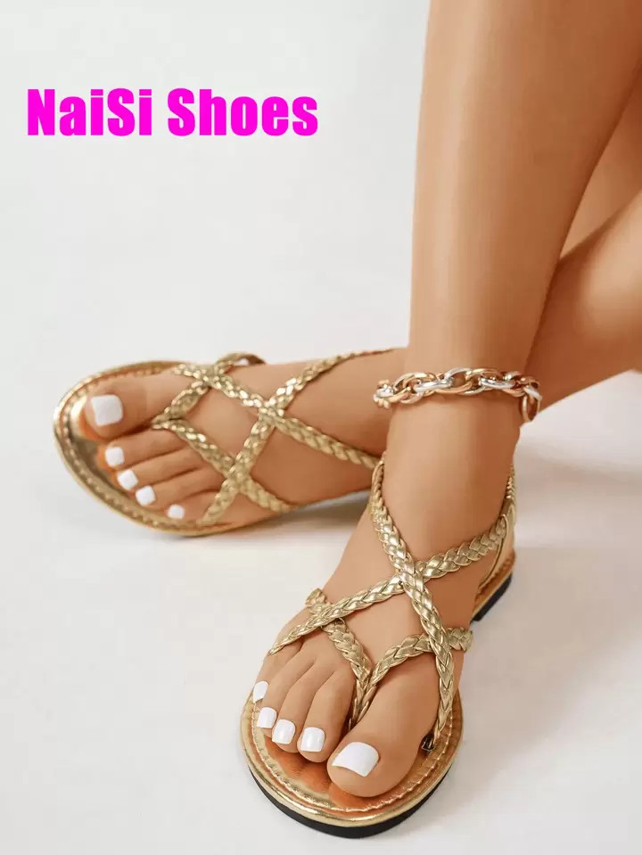 Women Woven Flat Sandals Slippers, Black/Brown/White, Thong, Solid Color, Non-Slip, Suitable For Outdoor And Indoor Wear, Fashion Casual Daily, Beach Wear, Bohemian Style Criss-Cross Straps Flat Sandals, Comfortable Light-Weight Hollow-Out Open-Toe Flat Boots, High-Top Roman Sandals, Golden/Black Flat Sandals, Beach Shoes | SHEIN