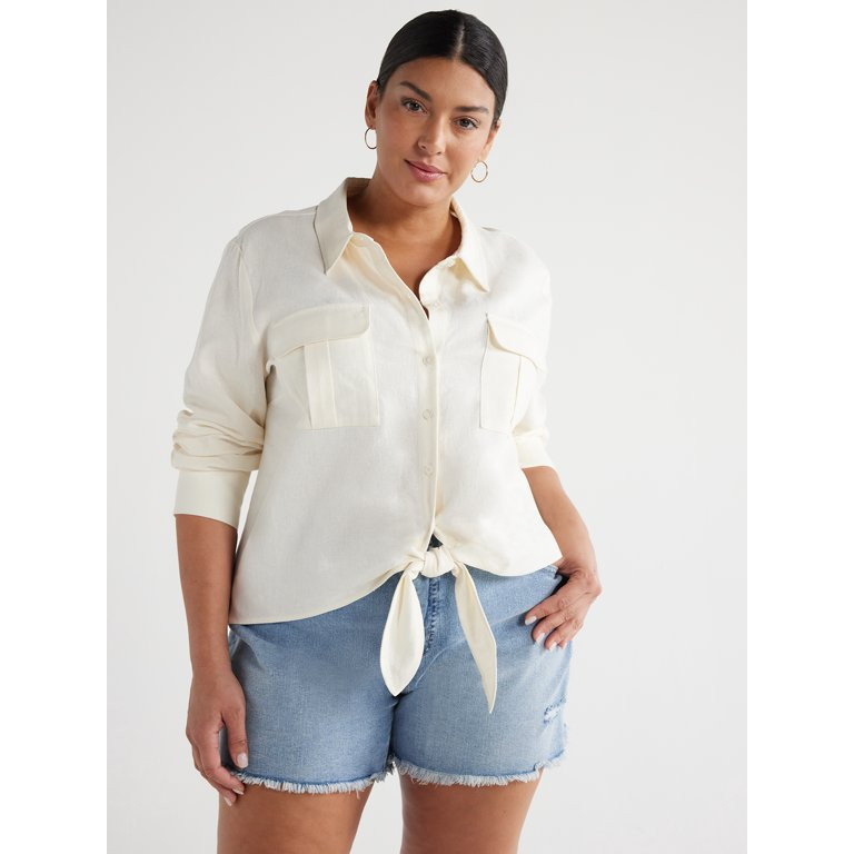 Sofia Jeans Women's and Women's Plus Linen Blend Tie Front Top with Cargo Pockets, Sizes XS-5X - ... | Walmart (US)