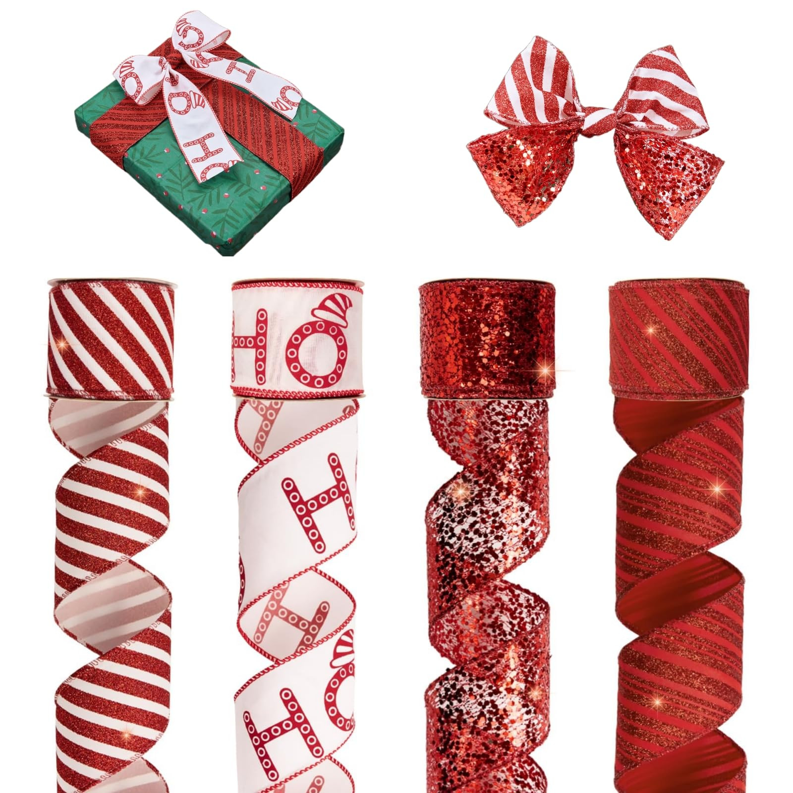 PAPER FAIR 4 Rolls 32 yd Red Glitter Candy Cane Christmas Wired Ribbon Set, 2.5 inch x 8yd Sequin... | Amazon (US)