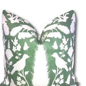 Chenonceau Aloe Pillow Cover  - Aloe Green w/Ivory linen back - Green Schumacher Pillow - Bird Pi... | Etsy (US)